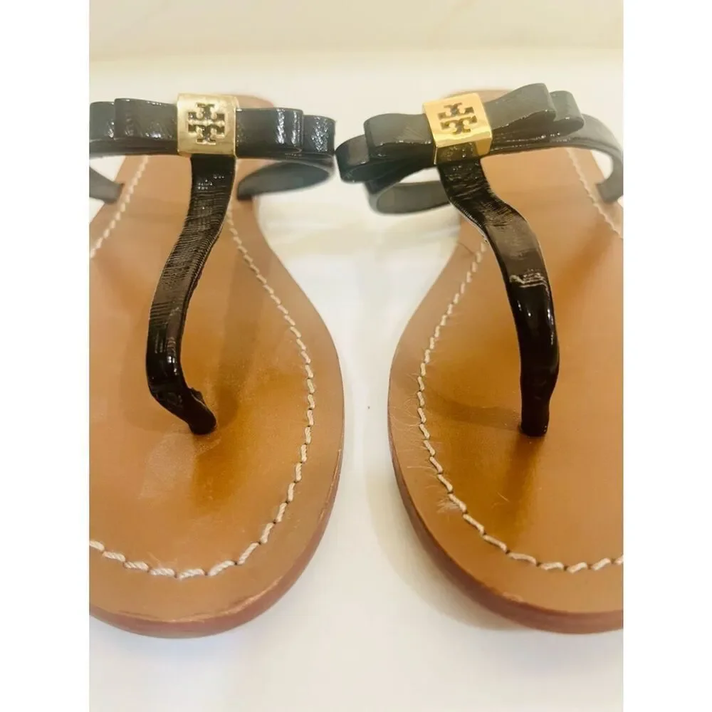 Tory Burch Black Patent Leather Bow Thong Sandals with Gold Logo